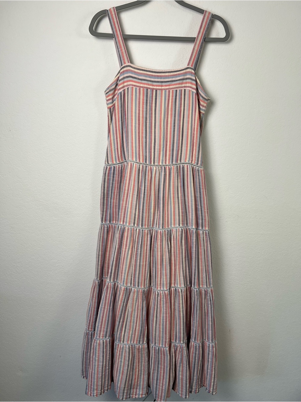 Sundry Striped Cotton Tiered with Lattice Lace Maxi Sundress